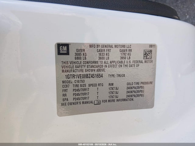 45102109 :رقم المزاد ، 1GTR1VE08BZ451654 vin ، 2011 Gmc Sierra 1500 Sle مزاد بيع