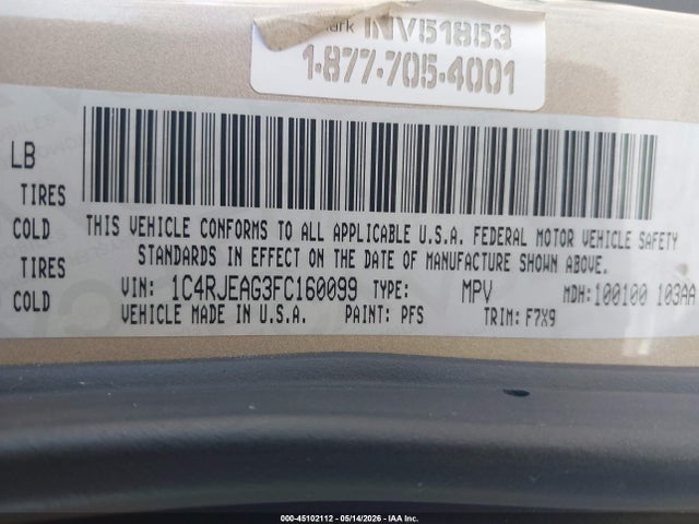 2015 Jeep Grand Cherokee Laredo მანქანა იყიდება აუქციონზე, vin: 1C4RJEAG3FC160099, აუქციონის ნომერი: 45102112