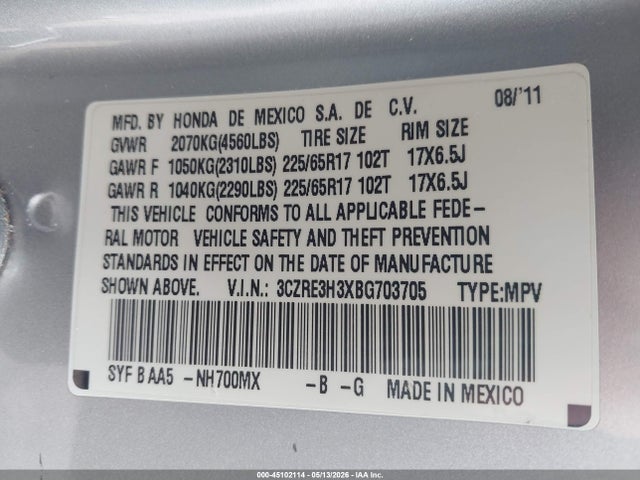 45102114 :رقم المزاد ، 3CZRE3H3XBG703705 vin ، 2011 Honda Cr-v Lx مزاد بيع