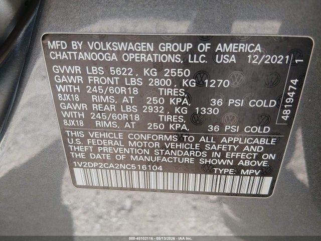 Aukcja sprzedaży 2022 Volkswagen Atlas 2.0t Se, vin: 1V2DP2CA2NC516104, numer aukcji: 45102116
