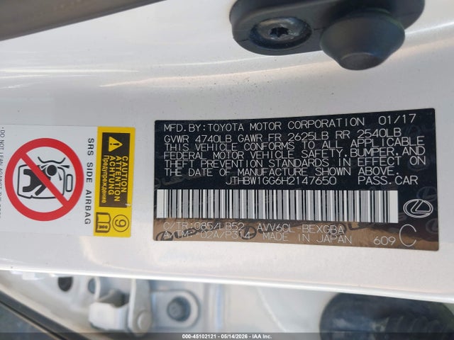 Aukcja sprzedaży 2017 Lexus Es 300h, vin: JTHBW1GG6H2147650, numer aukcji: 45102121