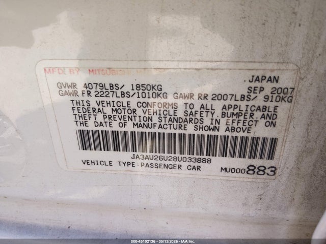 Aukcja sprzedaży 2008 Mitsubishi Lancer De/es, vin: JA3AU26U28U033888, numer aukcji: 45102126