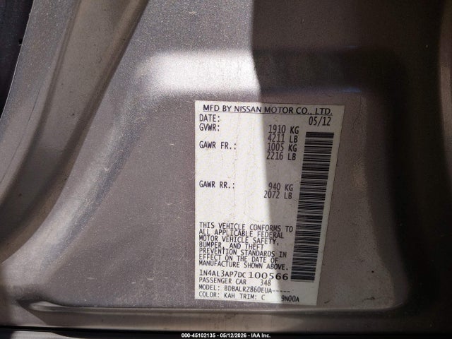 Продажа на аукционе авто 2013 Nissan Altima 2.5 S, vin: 1N4AL3AP7DC100566, номер лота: 45102135