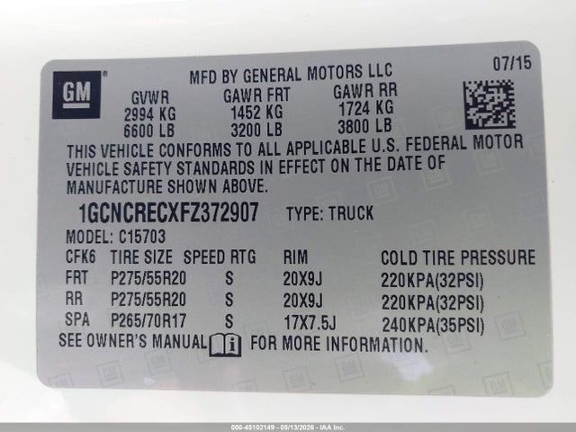 Aukcja sprzedaży 2015 Chevrolet Silverado 1500 1lt, vin: 1GCNCRECXFZ372907, numer aukcji: 45102149