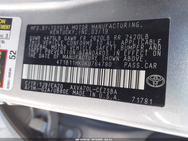 Aukcja sprzedaży 2019 Toyota Camry Se, vin: 4T1B11HK0KU764780, numer aukcji: 45102152
