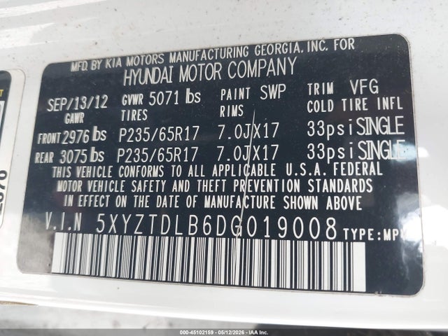 Aukcja sprzedaży 2013 Hyundai Santa Fe Sport, vin: 5XYZTDLB6DG019008, numer aukcji: 45102159