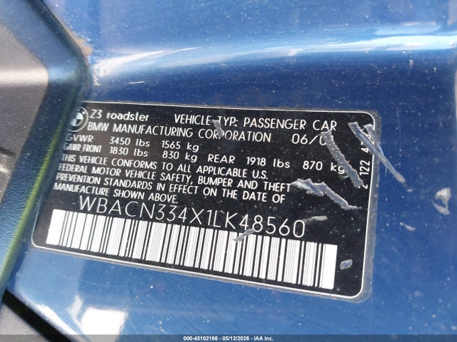2001 Bmw Z3 2.5i მანქანა იყიდება აუქციონზე, vin: WBACN334X1LK48560, აუქციონის ნომერი: 45102166