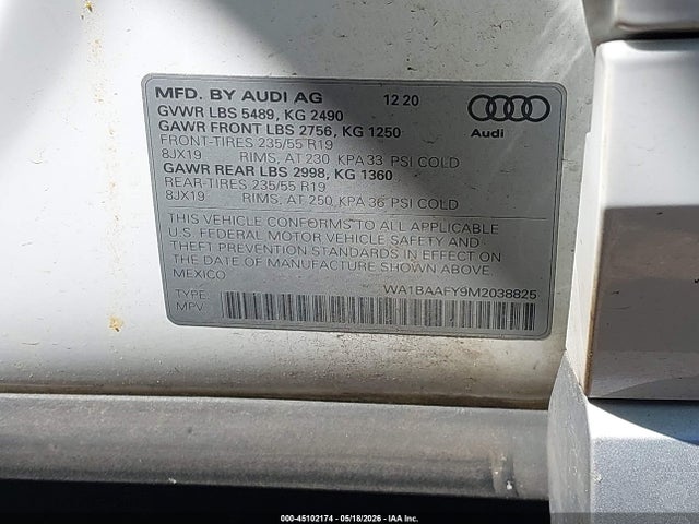 2021 Audi Q5 Premium Plus 45 Tfsi Quattro S Tronic მანქანა იყიდება აუქციონზე, vin: WA1BAAFY9M2038825, აუქციონის ნომერი: 45102174