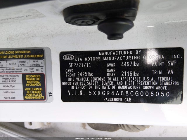 2012 Kia Optima Sx მანქანა იყიდება აუქციონზე, vin: 5XXGR4A68CG006050, აუქციონის ნომერი: 45102176