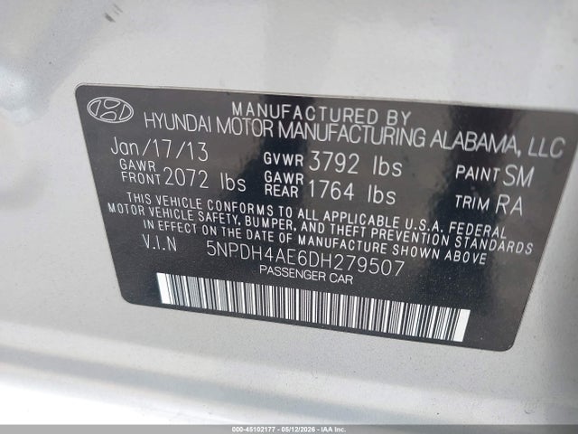 2013 Hyundai Elantra Gls მანქანა იყიდება აუქციონზე, vin: 5NPDH4AE6DH279507, აუქციონის ნომერი: 45102177