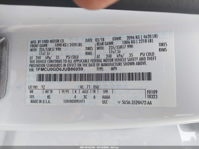 45102186 :رقم المزاد ، 1FMCU0GD6JUB86059 vin ، 2018 Ford Escape Se مزاد بيع