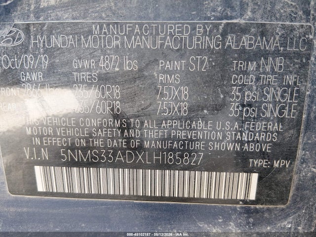 2020 Hyundai Santa Fe Sel მანქანა იყიდება აუქციონზე, vin: 5NMS33ADXLH185827, აუქციონის ნომერი: 45102187
