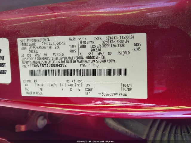 45102195 :رقم المزاد ، 1FT8W3BT2JEB64252 vin ، 2018 Ford F-350 Platinum مزاد بيع