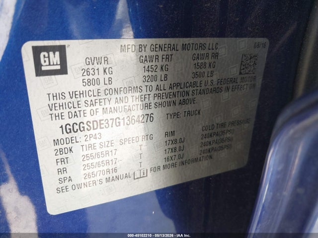 Продаж на аукціоні авто 2016 Chevrolet Colorado Z71, vin: 1GCGSDE37G1364276, номер лоту: 45102210