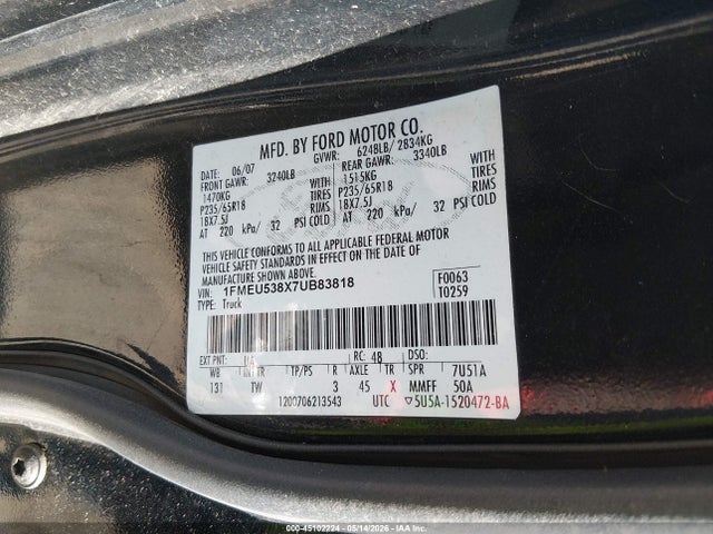 Aukcja sprzedaży 2007 Ford Explorer Sport Trac Limited, vin: 1FMEU538X7UB83818, numer aukcji: 45102224