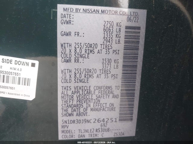 5N1DR3DJ9NC264251 Nissan Pathfinder Platinum 4wd
