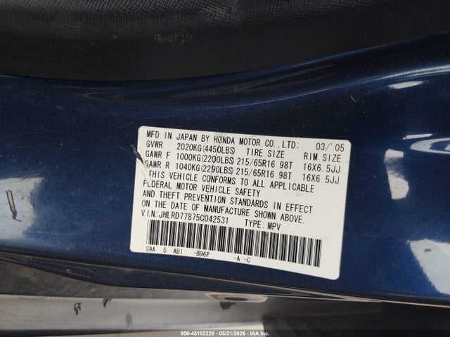 45102226 :رقم المزاد ، JHLRD77875C042531 vin ، 2005 Honda Cr-v Ex مزاد بيع