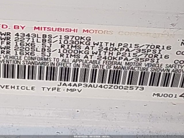 Aukcja sprzedaży 2012 Mitsubishi Outlander Sport Es, vin: JA4AP3AU4CZ002573, numer aukcji: 45102235