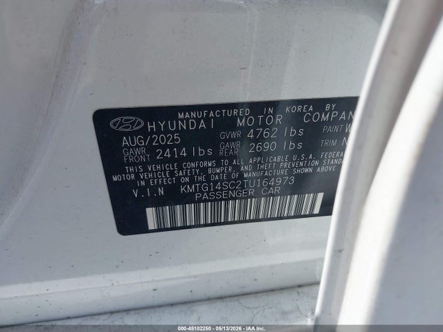 45102250 :رقم المزاد ، KMTG14SC2TU164973 vin ، 2026 Genesis G70 2.5t Rwd مزاد بيع