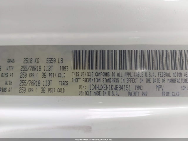 2019 Jeep Wrangler Unlimited Sahara 4x4 მანქანა იყიდება აუქციონზე, vin: 1C4HJXEN1KW684151, აუქციონის ნომერი: 45102252