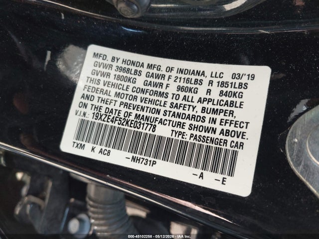 45102258 :رقم المزاد ، 19XZE4F52KE031778 vin ، 2019 Honda Insight Ex مزاد بيع
