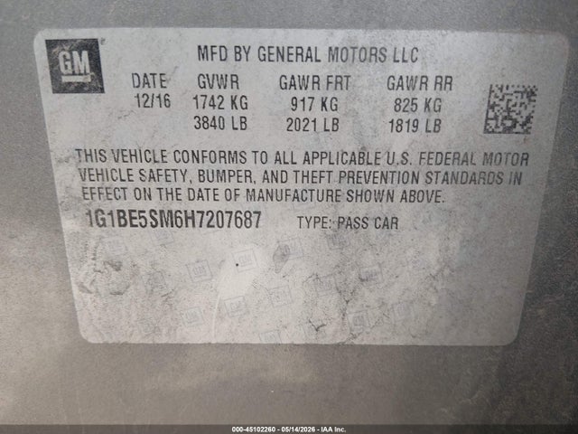 1G1BE5SM6H7207687 Chevrolet Cruze Lt Auto