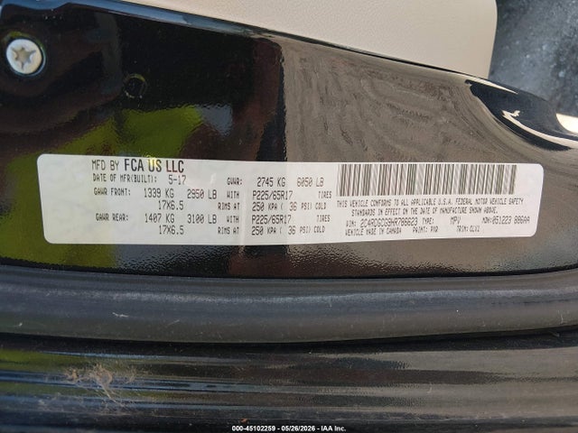 45102259 :رقم المزاد ، 2C4RDGCG9HR786623 vin ، 2017 Dodge Grand Caravan Sxt مزاد بيع