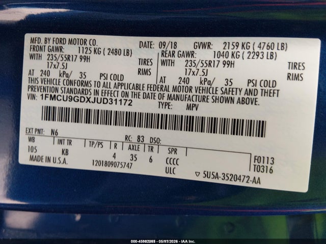 Продаж на аукціоні авто 2018 Ford Escape Se, vin: 1FMCU9GDXJUD31172, номер лоту: 45102265