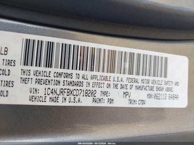 Продажа на аукционе авто 2012 Jeep Patriot Latitude, vin: 1C4NJRFBXCD718202, номер лота: 45102269