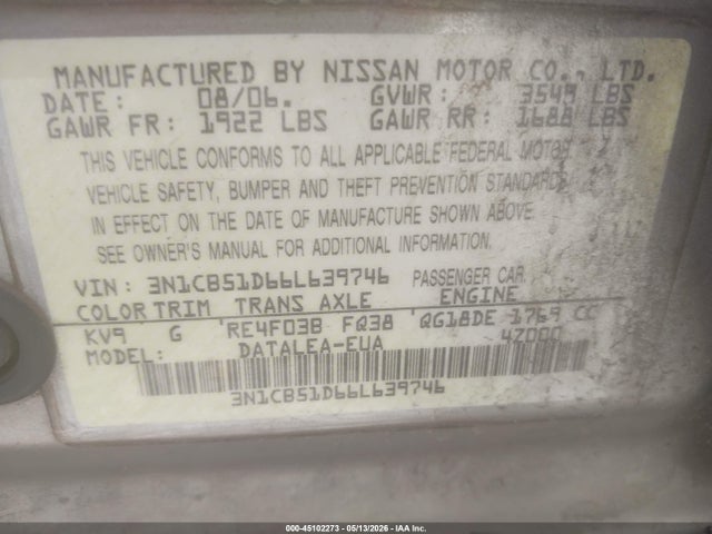 Aukcja sprzedaży 2006 Nissan Sentra 1.8s, vin: 3N1CB51D66L639746, numer aukcji: 45102273
