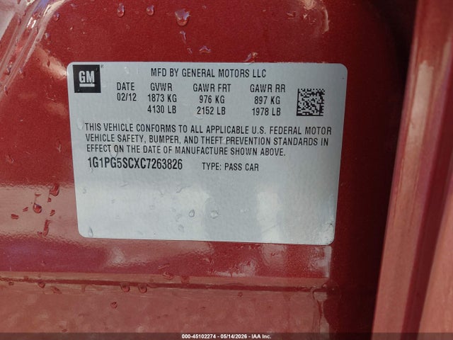 Aukcja sprzedaży 2012 Chevrolet Cruze 2lt, vin: 1G1PG5SCXC7263826, numer aukcji: 45102274