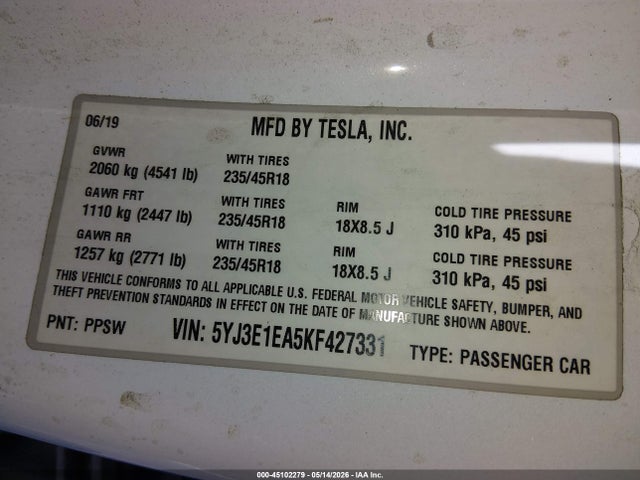 Aukcja sprzedaży 2019 Tesla Model 3 Long Range/mid Range/standard Range/standard Range Plus, vin: 5YJ3E1EA5KF427331, numer aukcji: 45102279