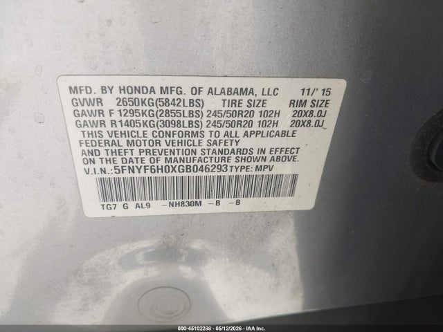 Honda Pilot Elite 2016 5FNYF6H0XGB046293 Image 9