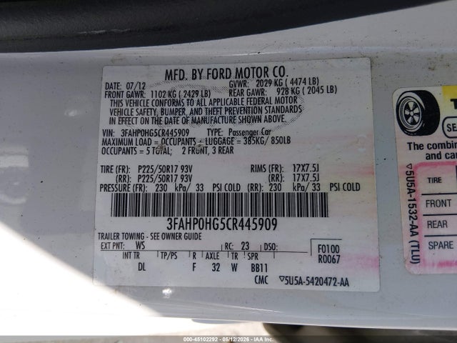 Продажа на аукционе авто 2012 Ford Fusion Se, vin: 3FAHP0HG5CR445909, номер лота: 45102292