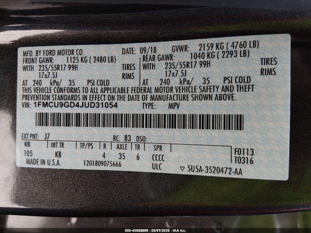 Продаж на аукціоні авто 2018 Ford Escape Se, vin: 1FMCU9GD4JUD31054, номер лоту: 45102297