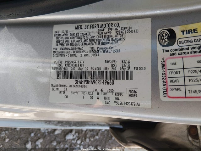 2012 Ford Fusion Se მანქანა იყიდება აუქციონზე, vin: 3FAHP0HA9CR149660, აუქციონის ნომერი: 45102298