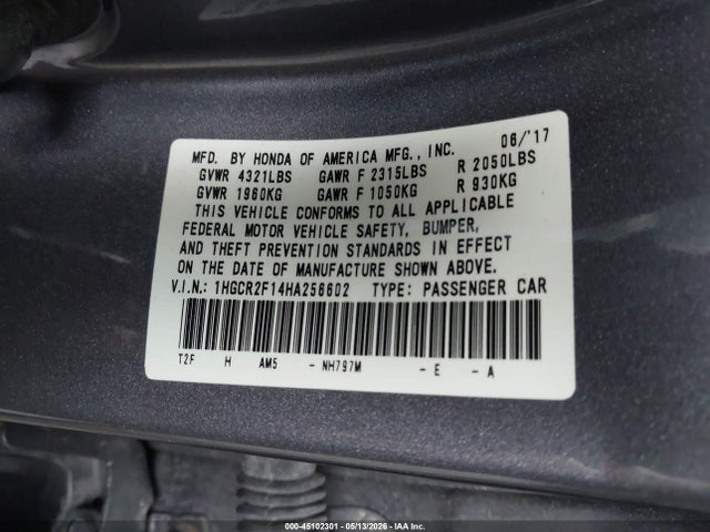 Auction sale of the 2017 Honda Accord Sport Se, vin: 1HGCR2F14HA256602, lot number: 45102301