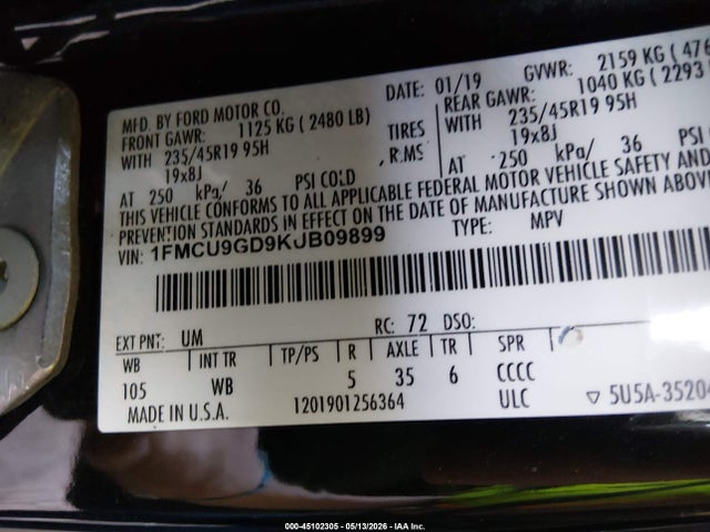Aukcja sprzedaży 2019 Ford Escape Se, vin: 1FMCU9GD9KUB09899, numer aukcji: 45102305