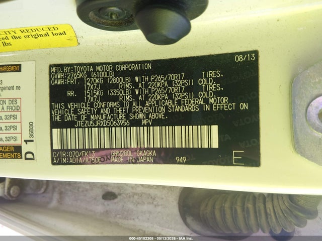 45102308 :رقم المزاد ، JTEZU5JRXD5063956 vin ، 2013 Toyota 4runner Sr5 مزاد بيع