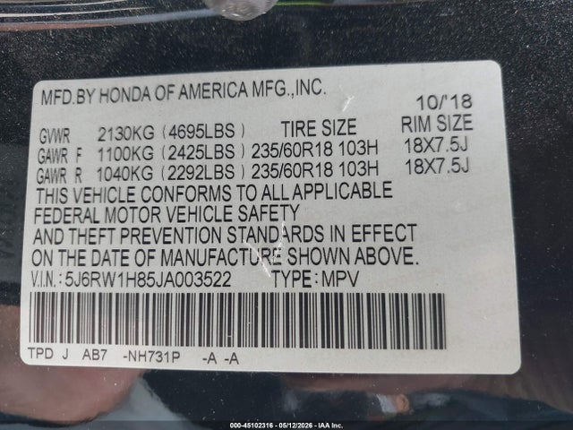 Продажа на аукционе авто 2018 Honda Cr-v Ex-l/ex-l Navi, vin: 5J6RW1H85JA003522, номер лота: 45102316