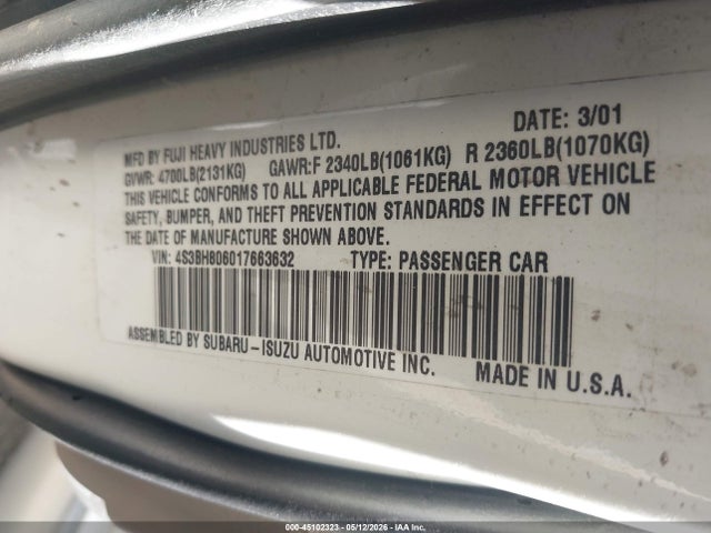 45102323 :رقم المزاد ، 4S3BH806017663632 vin ، 2001 Subaru Outback H6-3.0 مزاد بيع