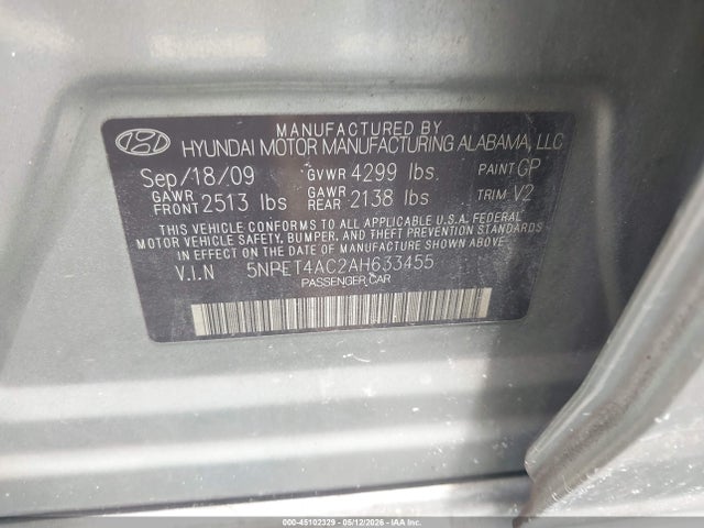 2010 Hyundai Sonata Gls მანქანა იყიდება აუქციონზე, vin: 5NPET4AC2AH633455, აუქციონის ნომერი: 45102329