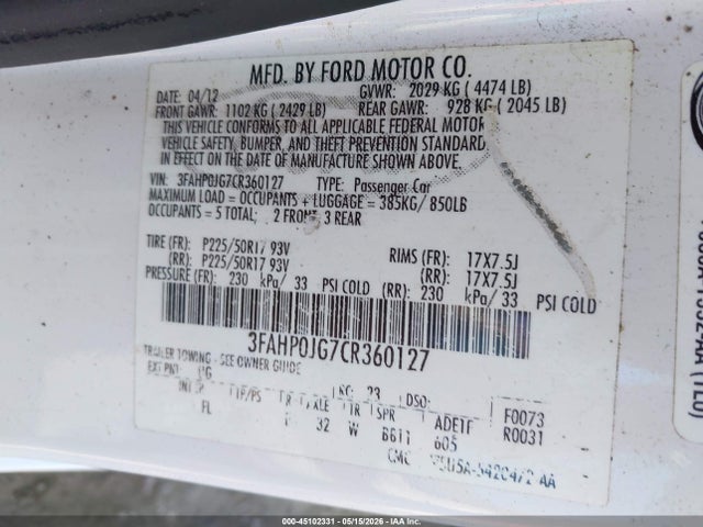 45102331 :رقم المزاد ، 3FAHP0JG7CR360127 vin ، 2012 Ford Fusion Sel مزاد بيع
