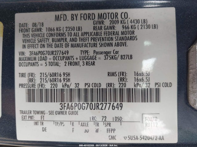 Ford FUSION S 2018 3FA6P0G70JR277649 Image 9