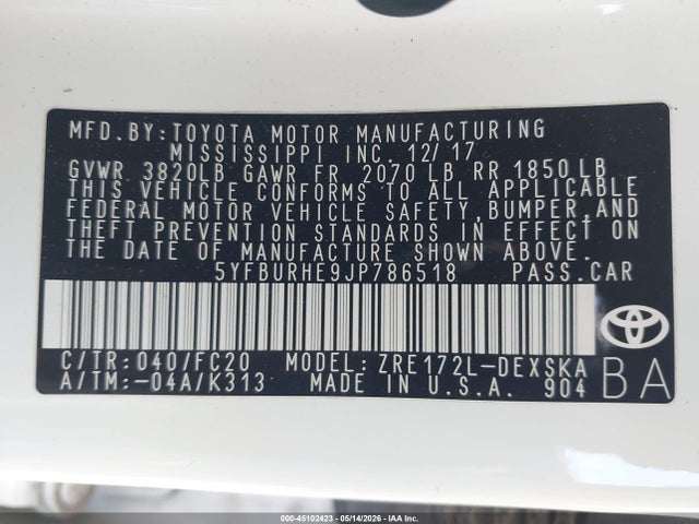 2018 Toyota Corolla Se მანქანა იყიდება აუქციონზე, vin: 5YFBURHE9JP786518, აუქციონის ნომერი: 45102423