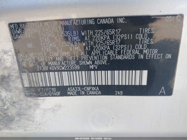 Продажа на аукционе авто 2012 Toyota Rav4, vin: 2T3BF4DVXCW223599, номер лота: 45102426