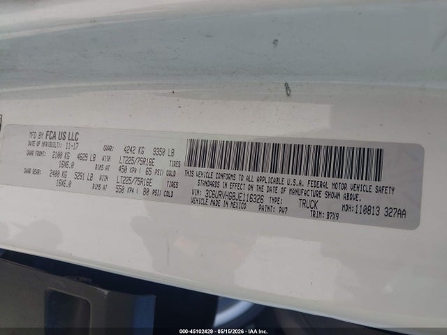 Продажа на аукционе авто 2018 Ram Promaster 3500 High Roof 159 Wb, vin: 3C6URVHG8JE116326, номер лота: 45102429