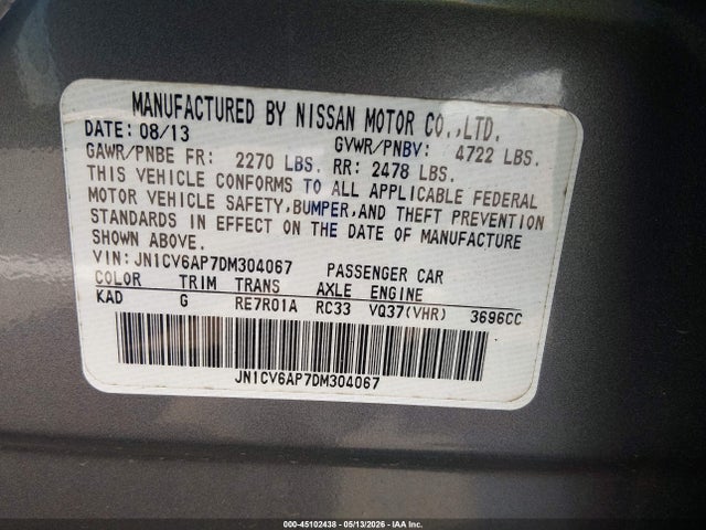 Продаж на аукціоні авто 2013 Infiniti G37 Journey, vin: JN1CV6AP7DM304067, номер лоту: 45102438
