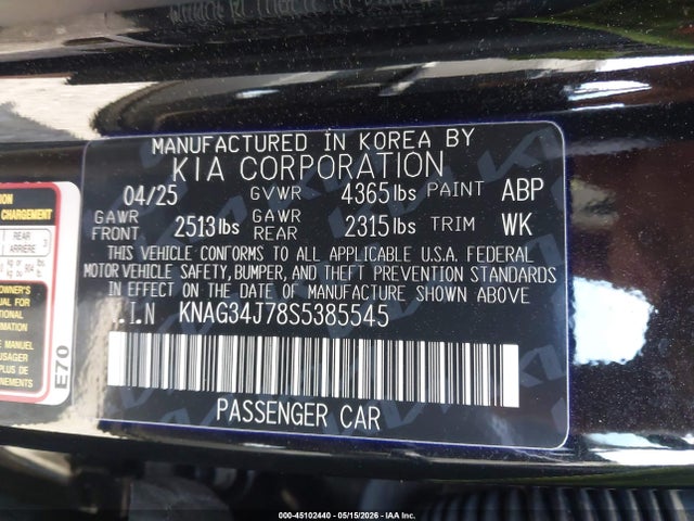 Aukcja sprzedaży 2025 Kia K5 Ex, vin: KNAG34J78S5385545, numer aukcji: 45102440