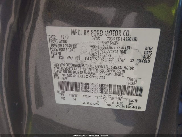 2012 Ford Escape Limited მანქანა იყიდება აუქციონზე, vin: 1FMCU0EG5CKB56384, აუქციონის ნომერი: 45102441